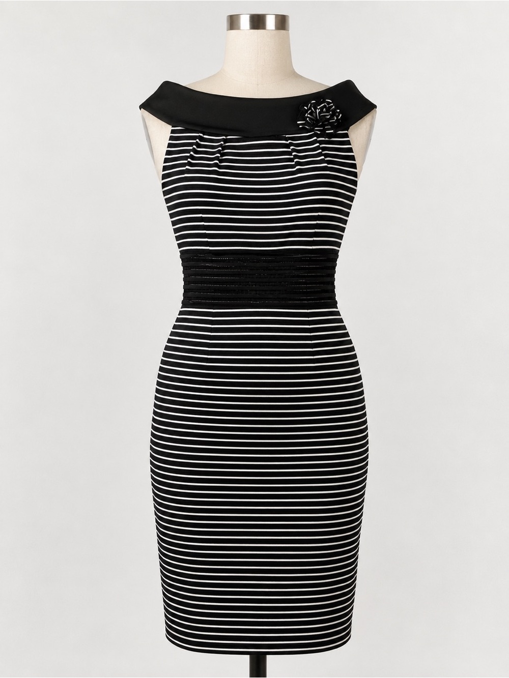 Black White Striped Bodycon Sheath Dress Flower Detail EU 40